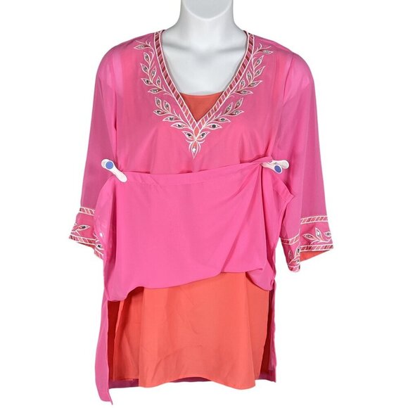 Bob Mackie NWT L Pink Embroidered Chiffon Tunic Embellished Top 3/4 Sleeve Artsy - Picture 3 of 16